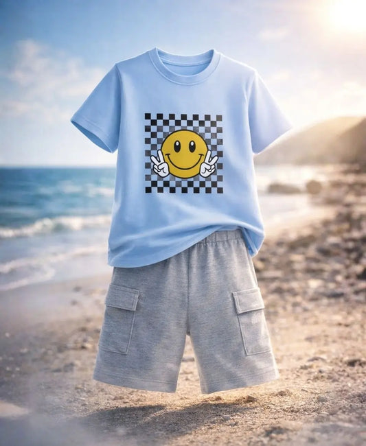 Smiley Checkered Sky Blue Summer Suit Set