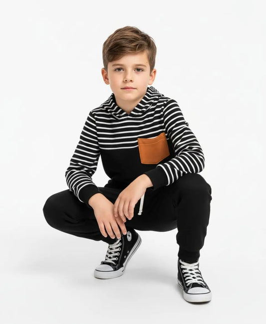 Unisex Cotton Hoodie & Trouser Set – Black Striped Winter Outfit