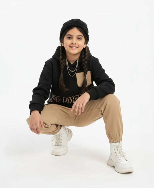 Unisex Kids Fleece Hoodie & Trouser Set – Black & Beige “Los Angeles” Outfit
