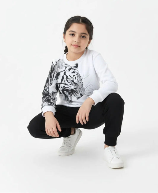 Unisex White Tiger Print Sweatshirt with Black Trouser Set