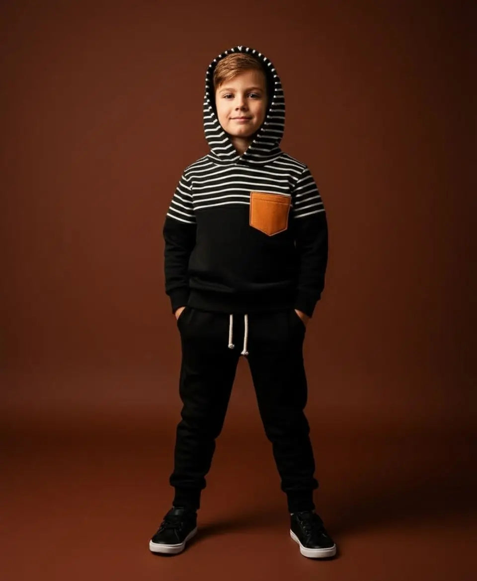 Unisex Cotton Hoodie & Trouser Set – Black Striped Winter Outfit