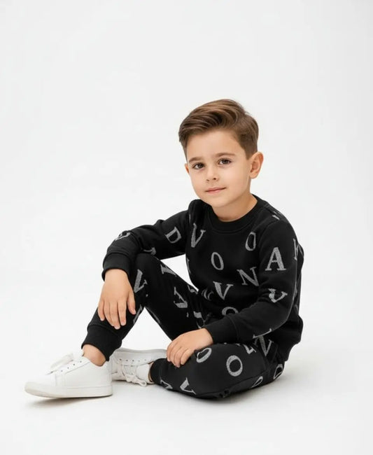 Unisex Fleece Sweatshirt & Trouser Set – Letter Print Winter Outfit