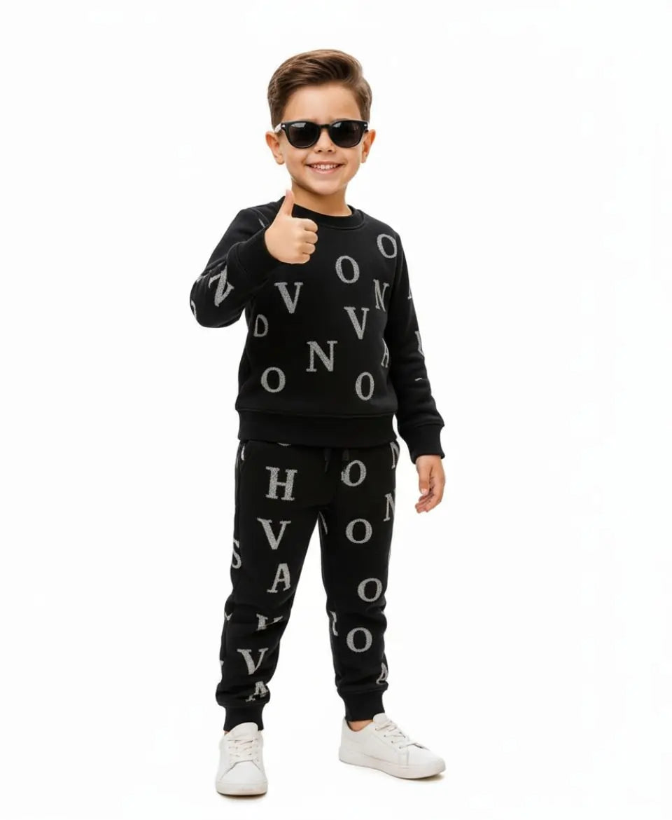 Unisex Fleece Sweatshirt & Trouser Set – Letter Print Winter Outfit