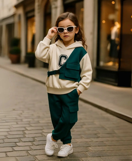 Child wearing a beige and green outfit with sunglasses on a city street.