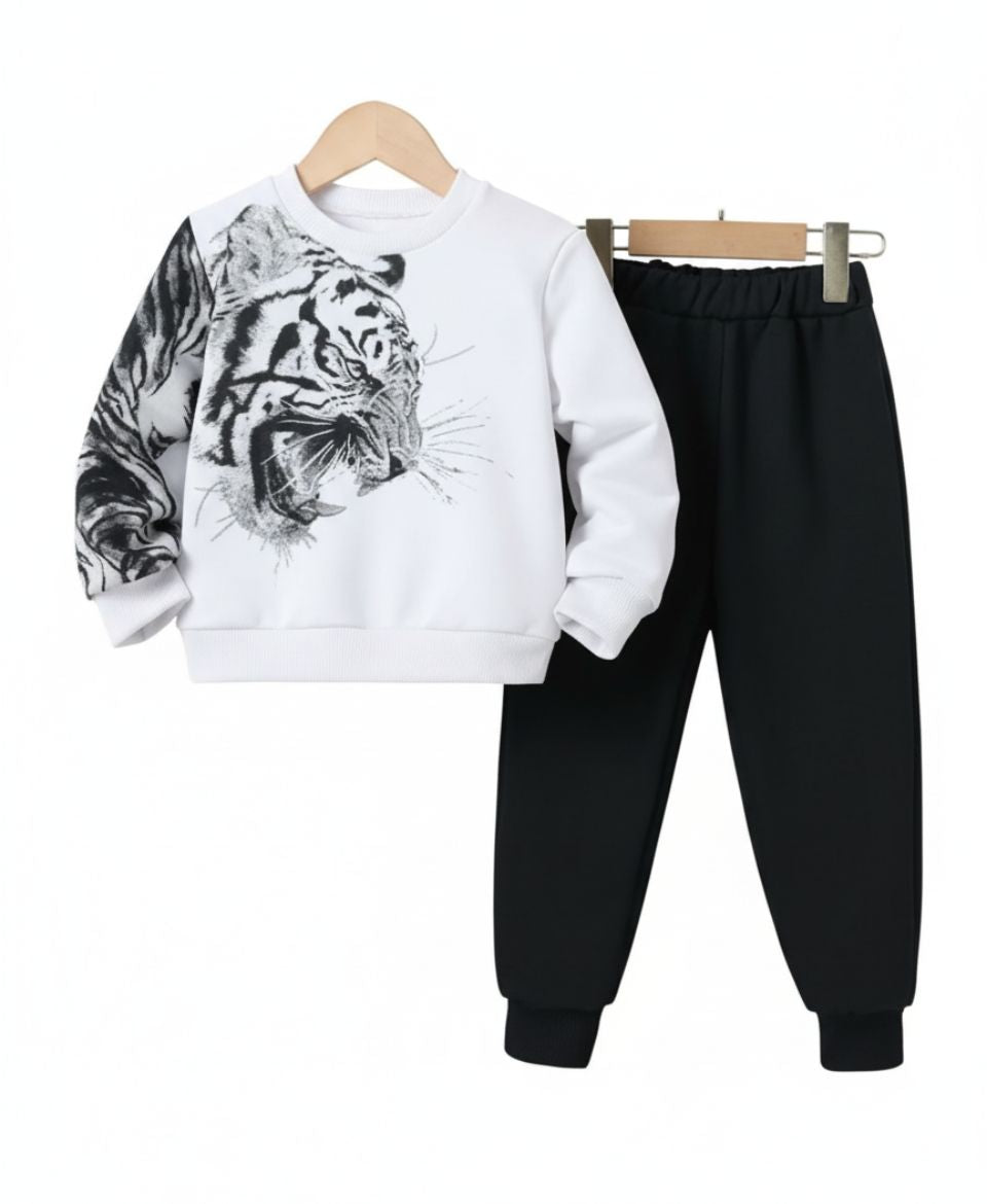 Unisex White Tiger Print Sweatshirt with Black Trouser Set
