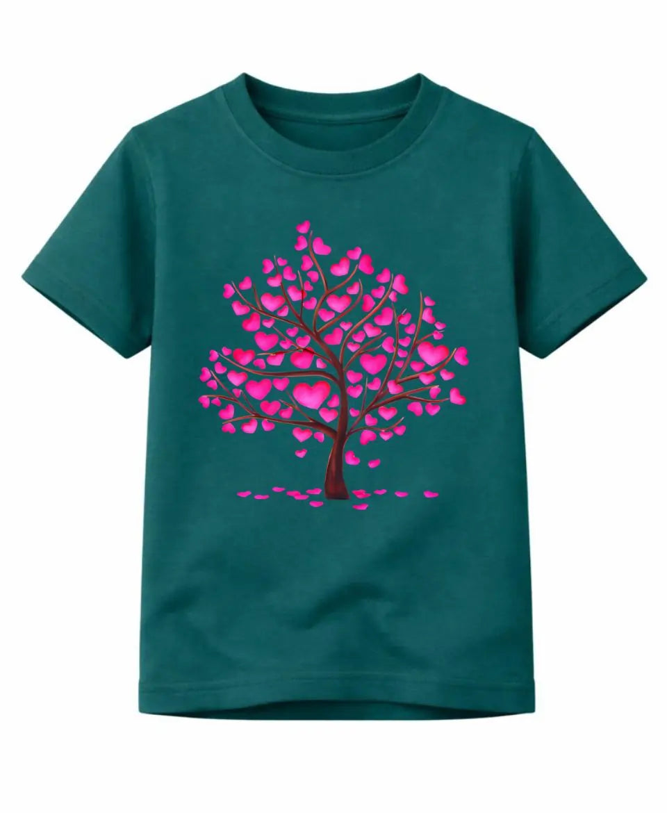 Teal t-shirt with a pink heart tree design on a white background