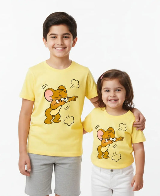 Two children wearing yellow t-shirts with cartoon characters on a white background