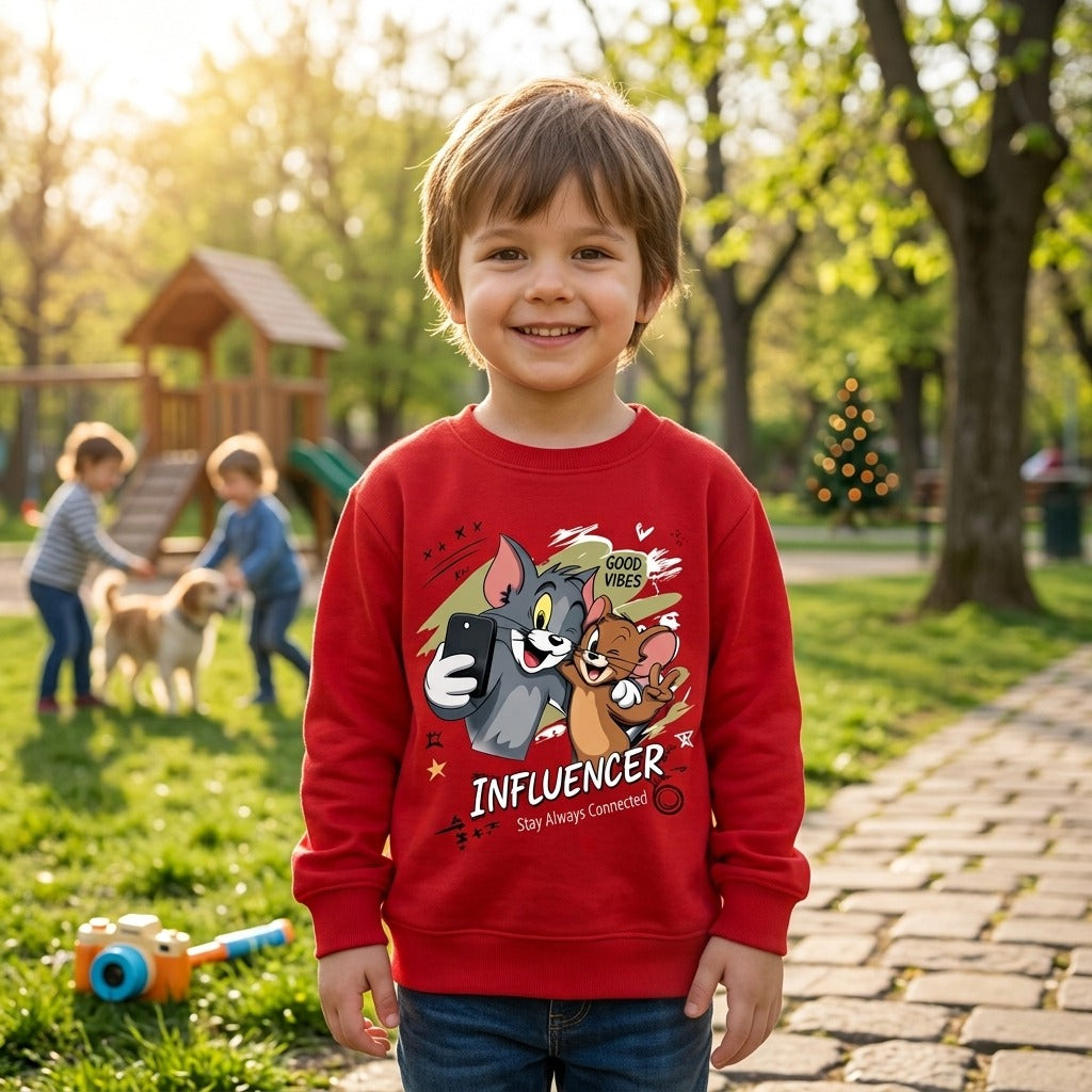 Kids Tom & Jerry Graphic Red Sweatshirt | Cartoon Crewneck Pullover