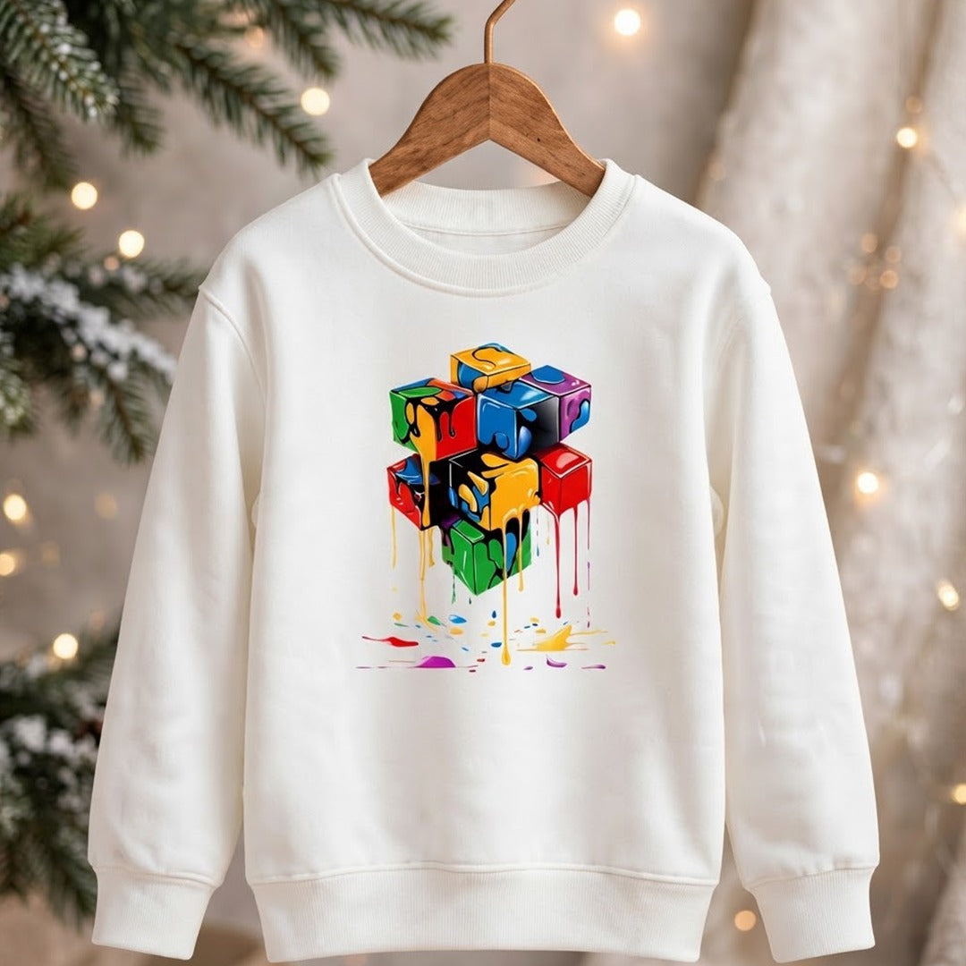 Kids Off-White Melted Color Block Cube Graphic Fleece Sweatshirt | Casual Winter Wear