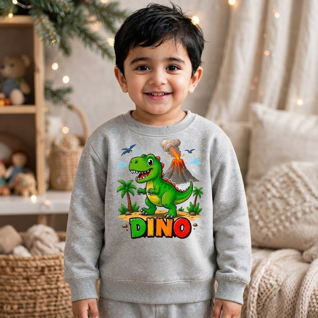 Kids Cute T-Rex Volcano Graphic Sweatshirt | Dinosaur Crewneck Pullover