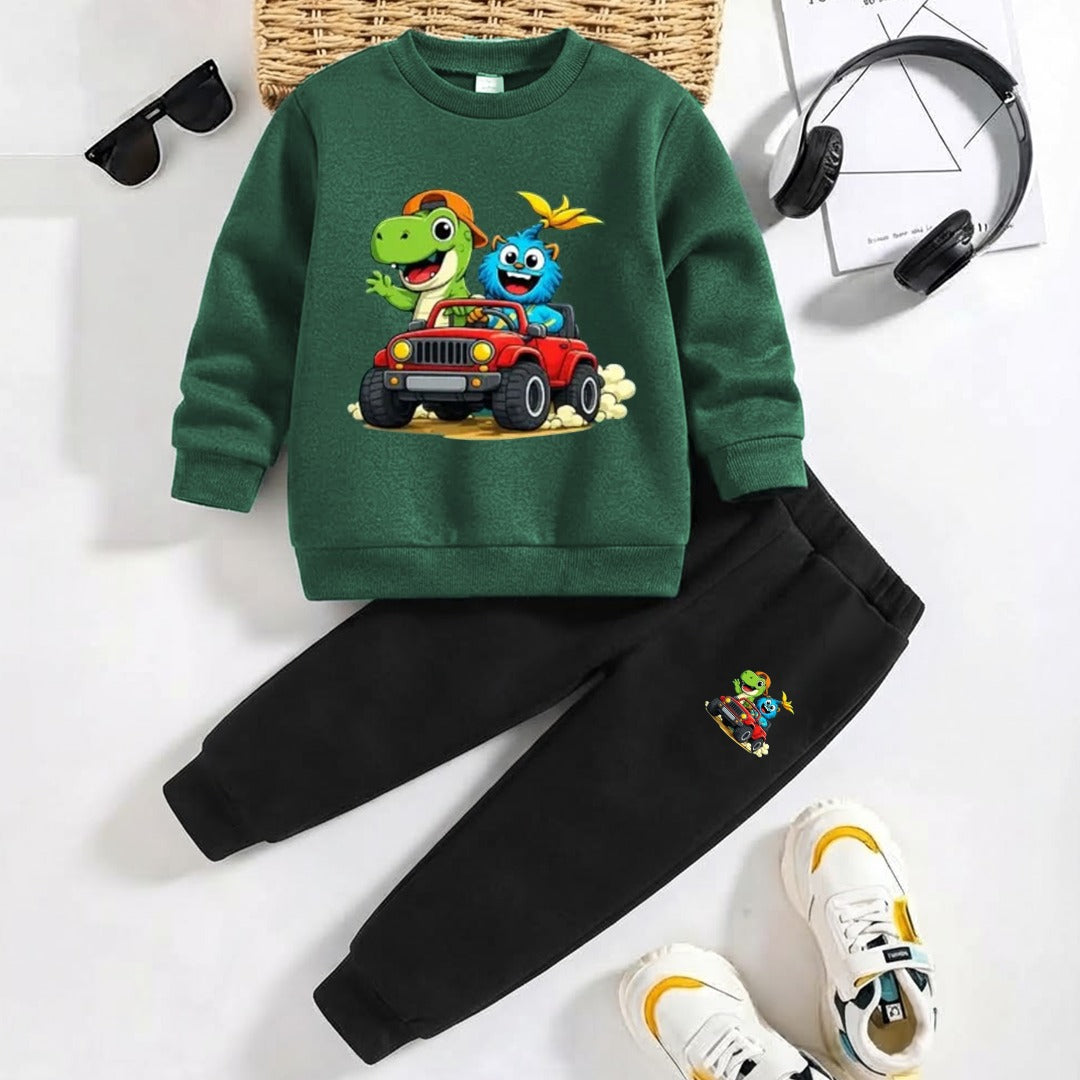 Boys' Dino & Monster Printed Sweatshirt & Trouser Set – Green & Black