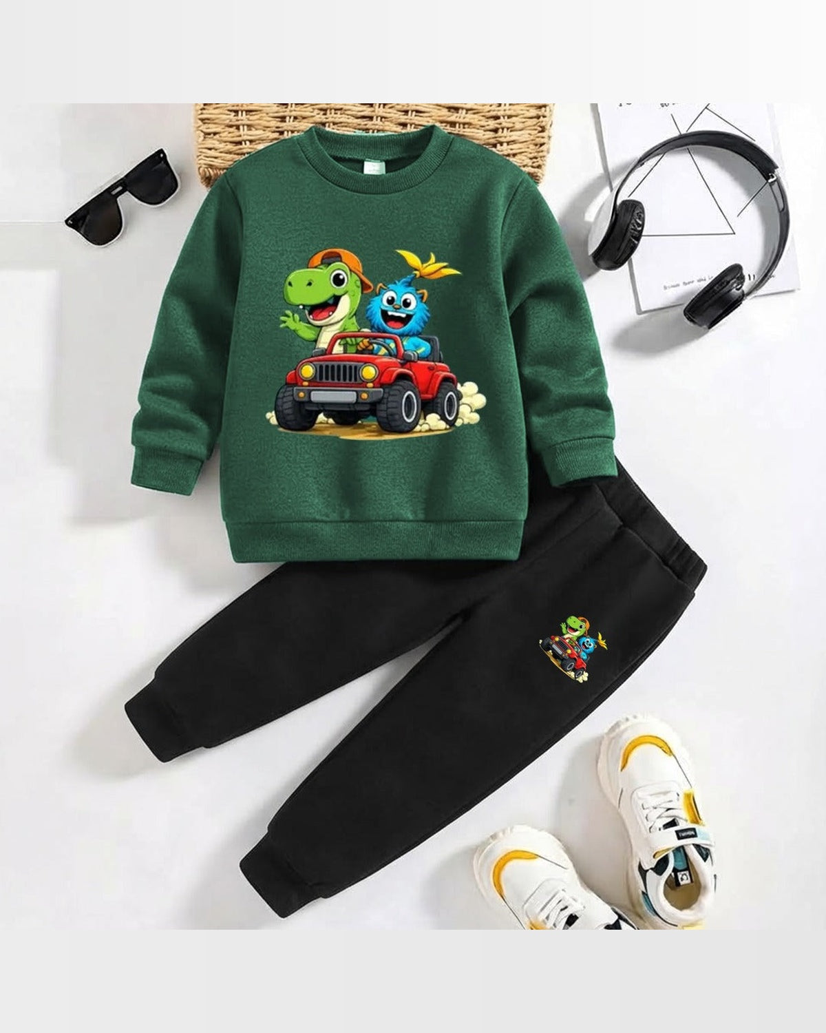 Boys' Dino & Monster Printed Sweatshirt & Trouser Set – Green & Black