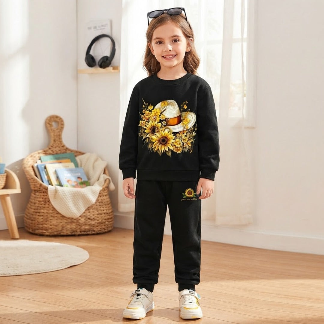 Girls’ Sunflower Printed Sweatshirt & Trouser Set – Black Winter Outfit
