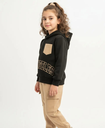 Unisex Kids Fleece Hoodie & Trouser Set – Black & Beige “Los Angeles” Outfit