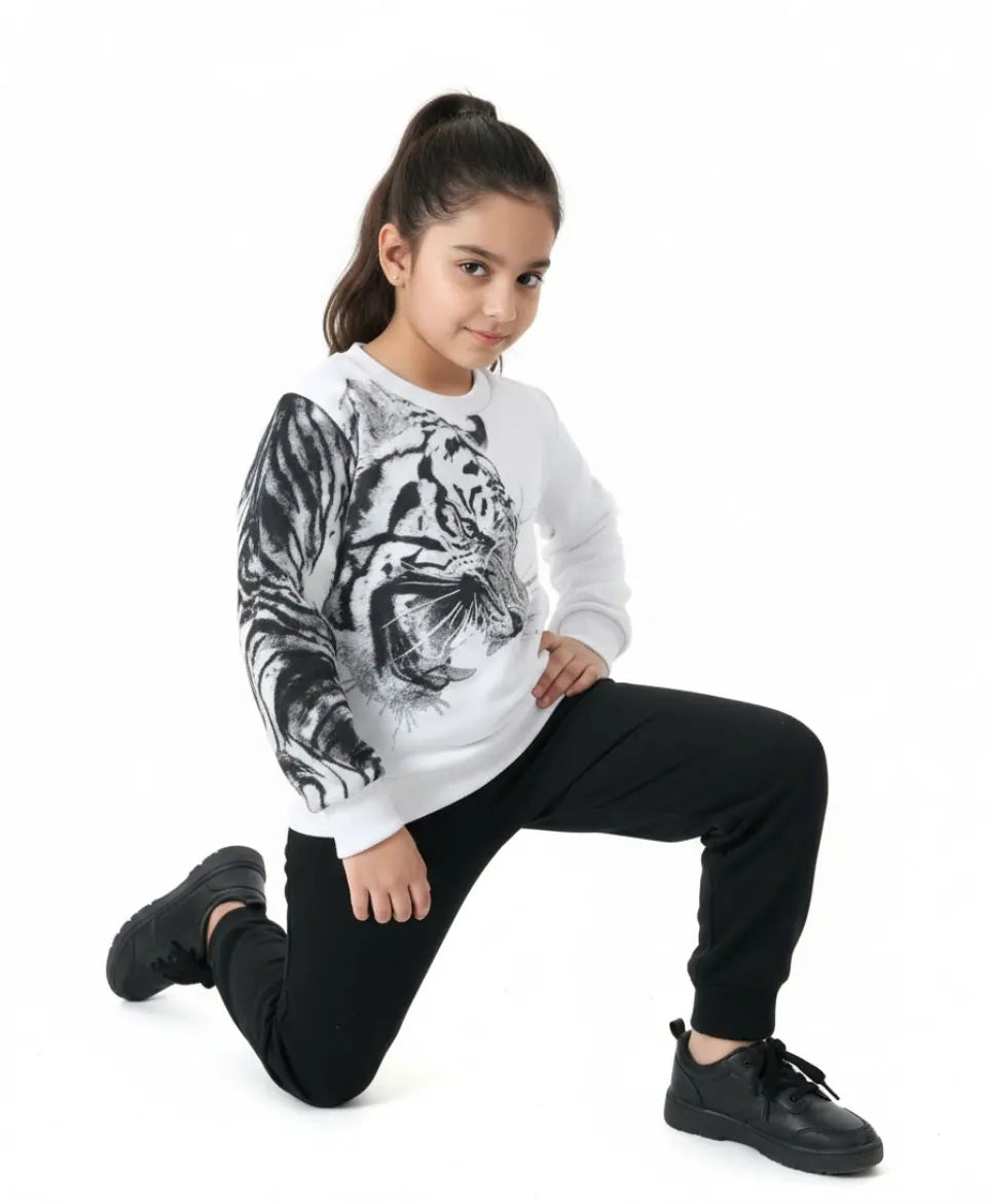 Unisex White Tiger Print Sweatshirt with Black Trouser Set