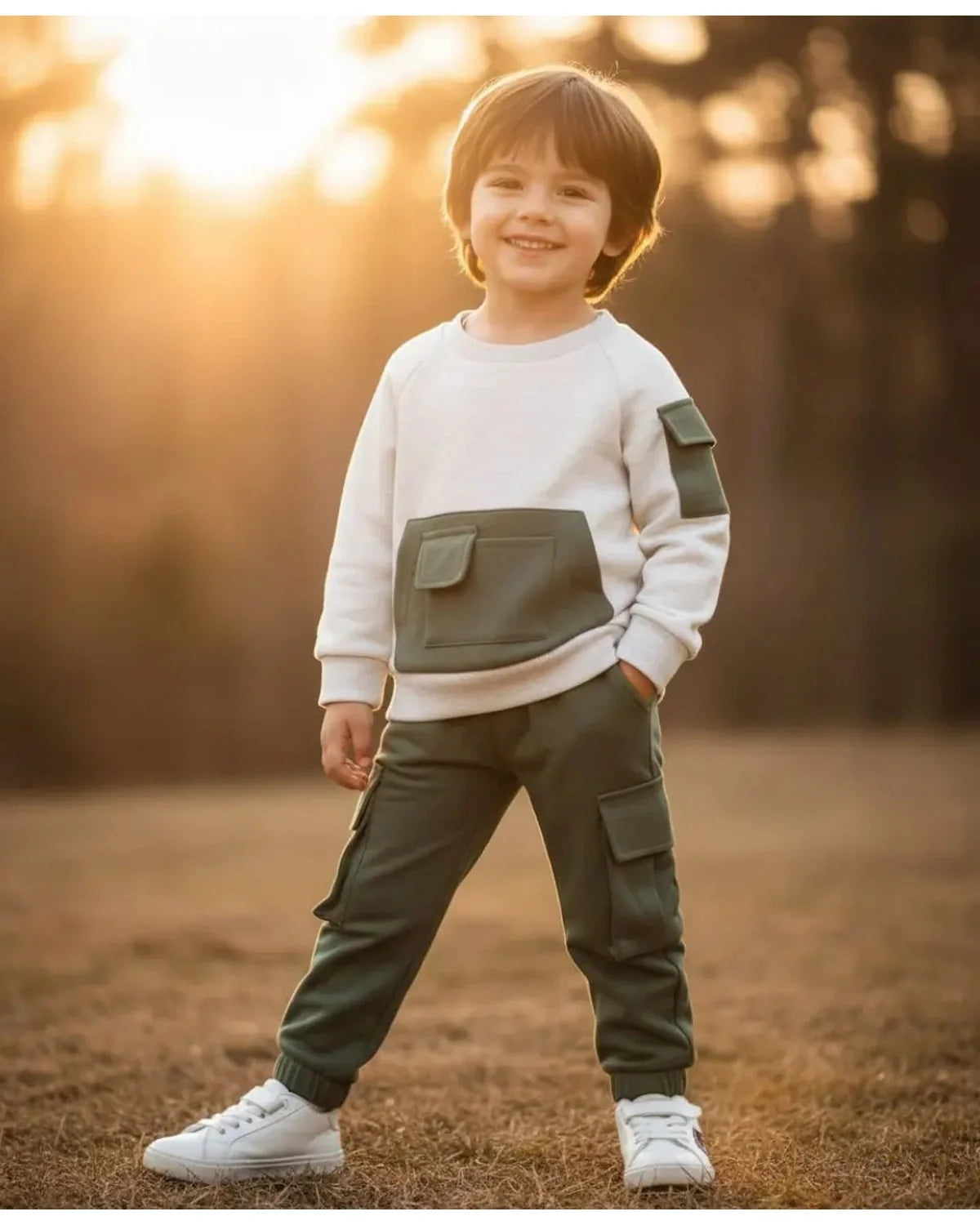 Kids Fleece Pocket Sweatshirt & Cargo Trouser Set – Winter Outfit