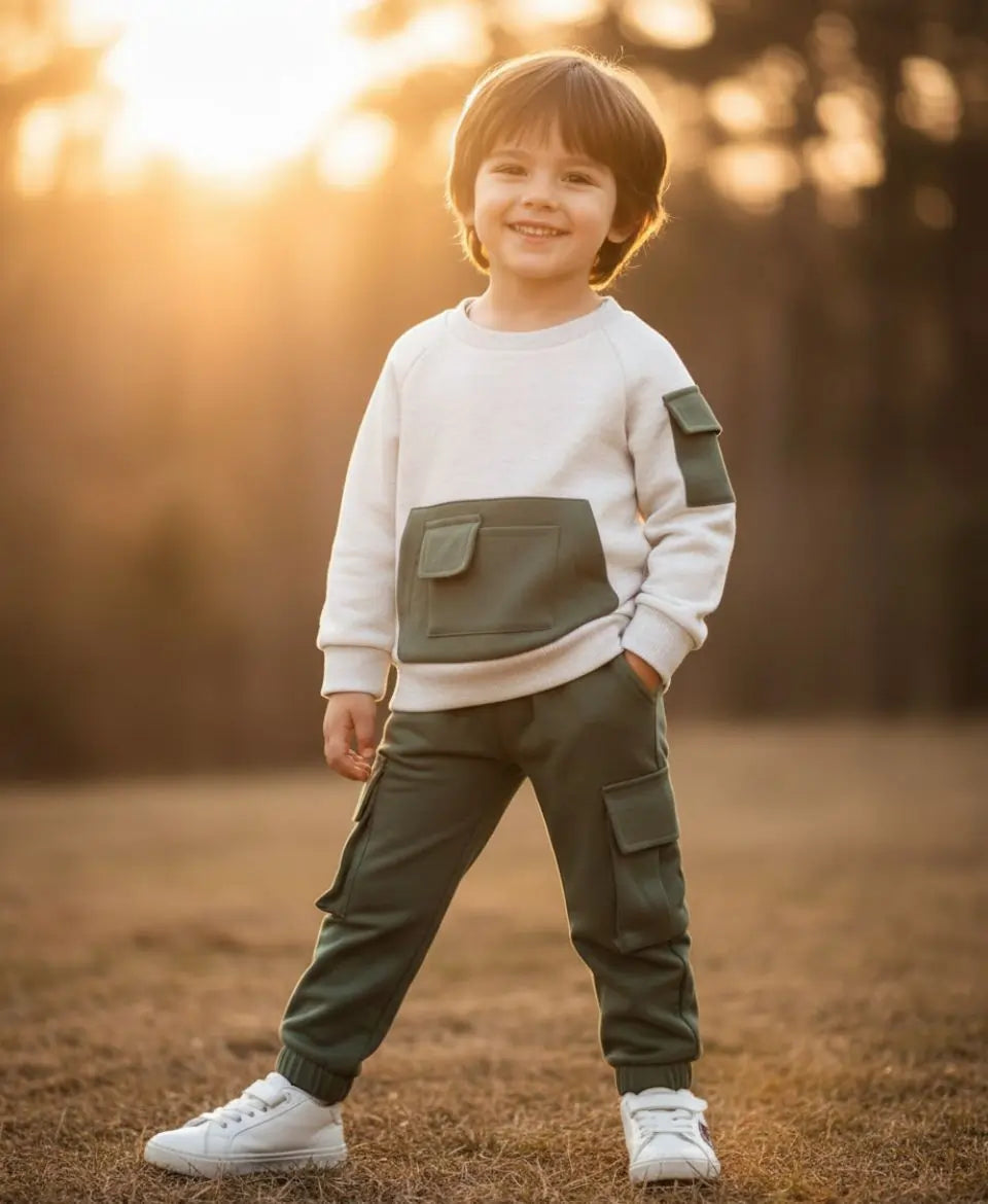 Kids Fleece Pocket Sweatshirt & Cargo Trouser Set – Winter Outfit
