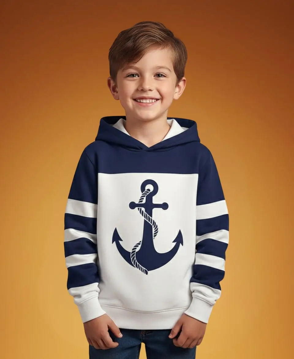 Unisex Cotton Anchor Print Hoodie – Cozy Navy & White Winter Wear