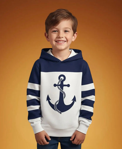 Unisex Cotton Anchor Print Hoodie – Cozy Navy & White Winter Wear