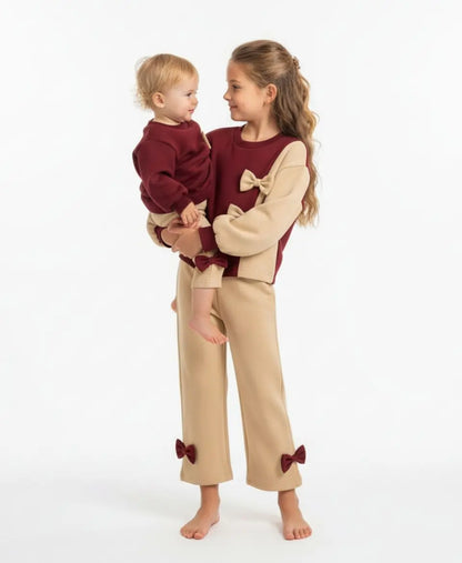 Girls Fleece Sweatshirt & Pants Set – Maroon Beige Bow Outfit