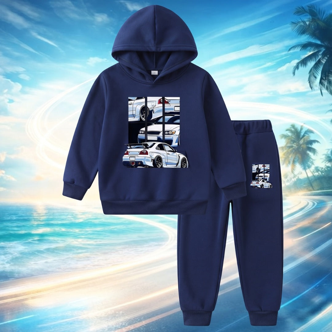 Kids Fleece Hoodie & Jogger Set – Navy Blue Car Print Winter Outfit