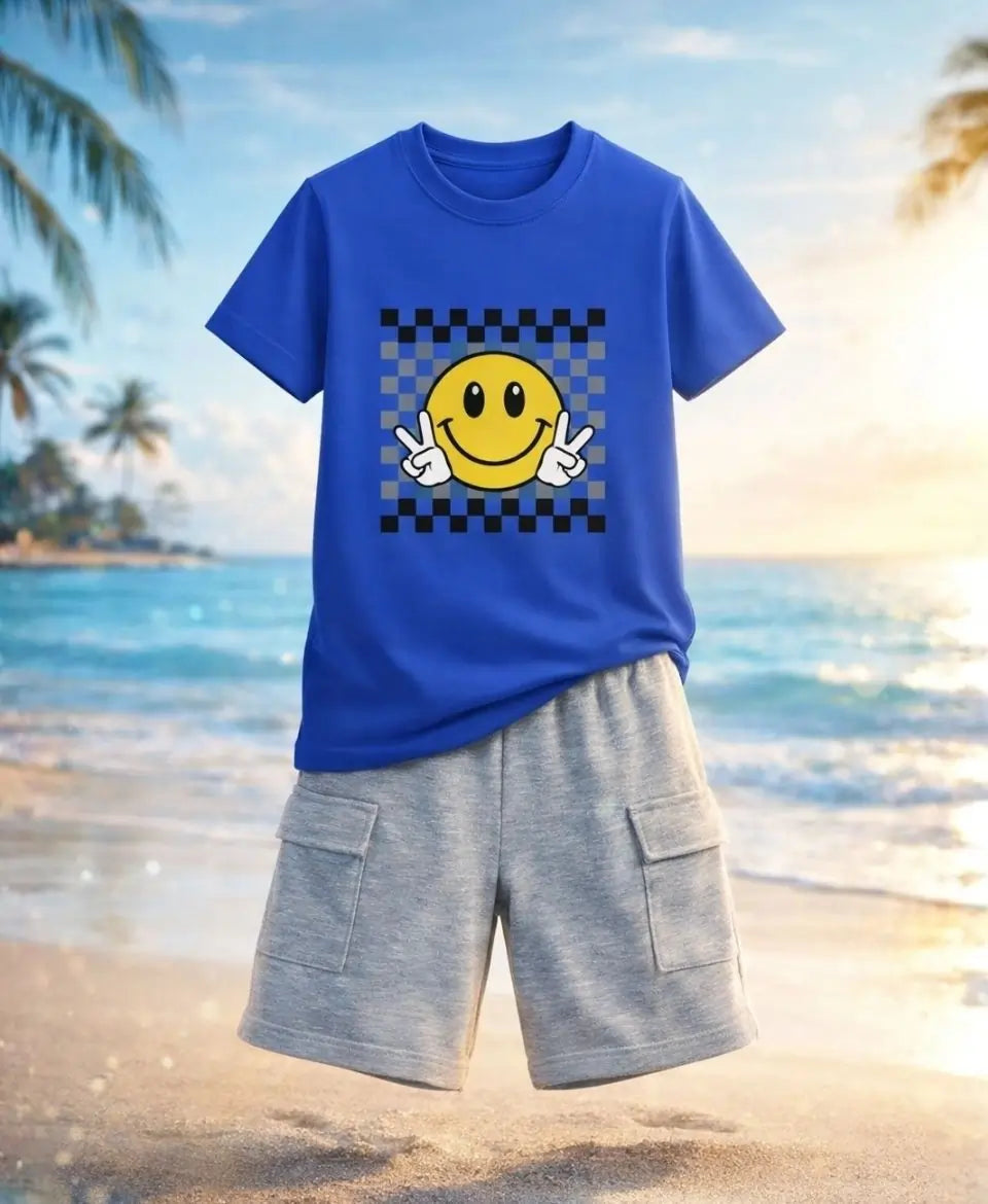 Smiley Checkered Sky Blue Summer Suit Set