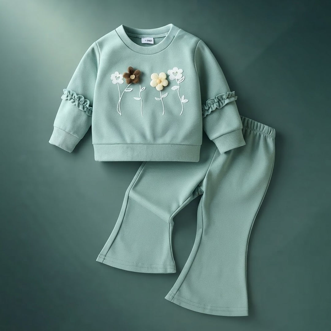 Girls Cotton Sweatshirt & Flared Pants Set – Floral Winter Outfit