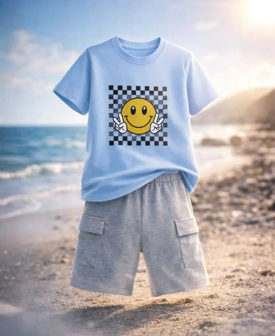 Smiley Checkered Sky Blue Summer Suit Set