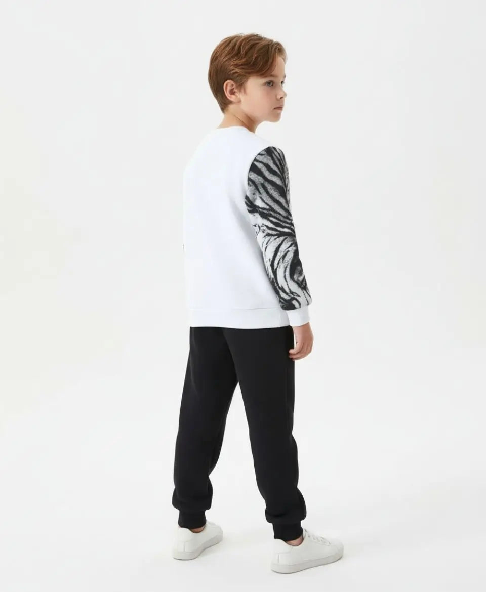 Unisex White Tiger Print Sweatshirt with Black Trouser Set