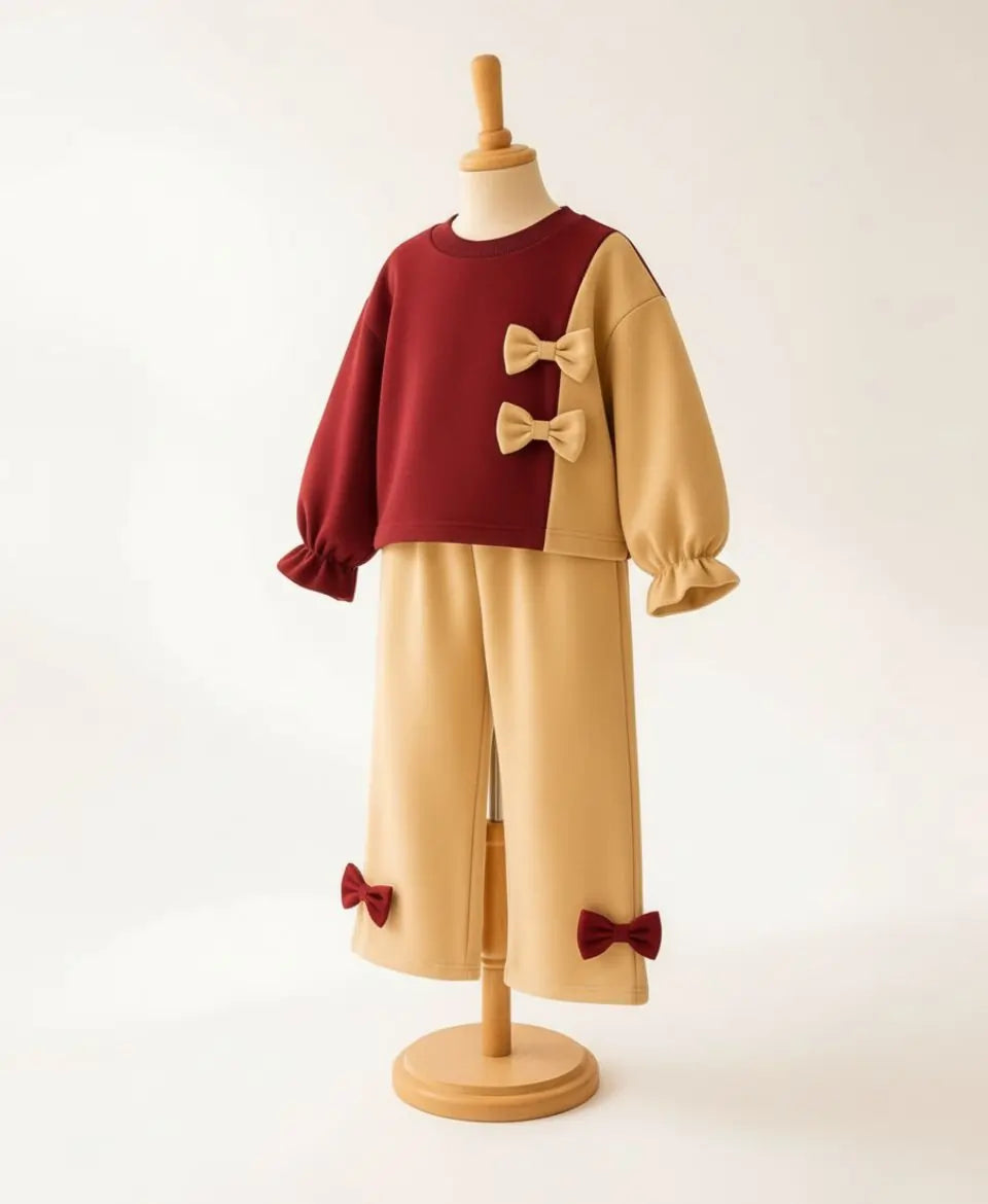 Girls Fleece Sweatshirt & Pants Set – Maroon Beige Bow Outfit