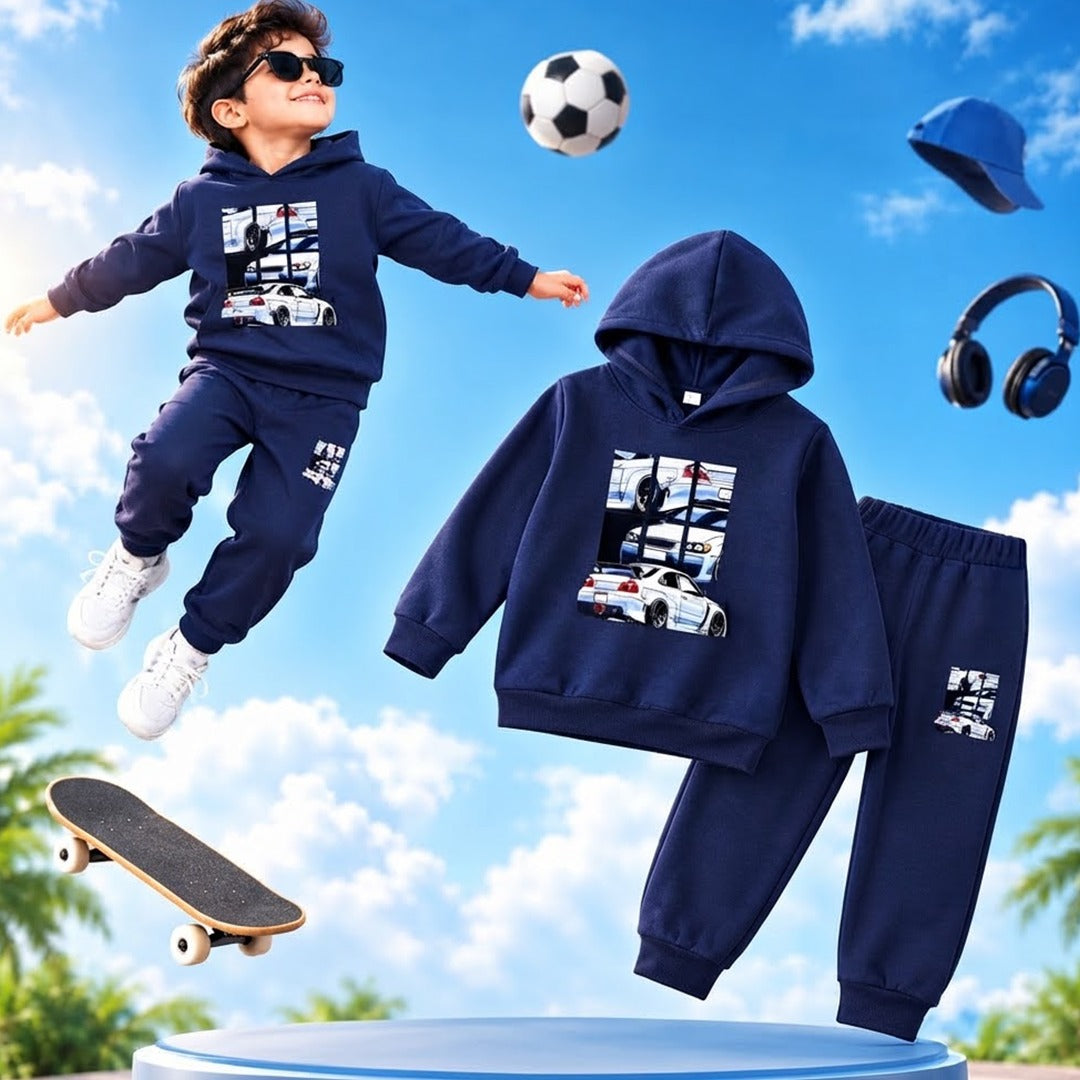 Kids Fleece Hoodie & Jogger Set – Navy Blue Car Print Winter Outfit