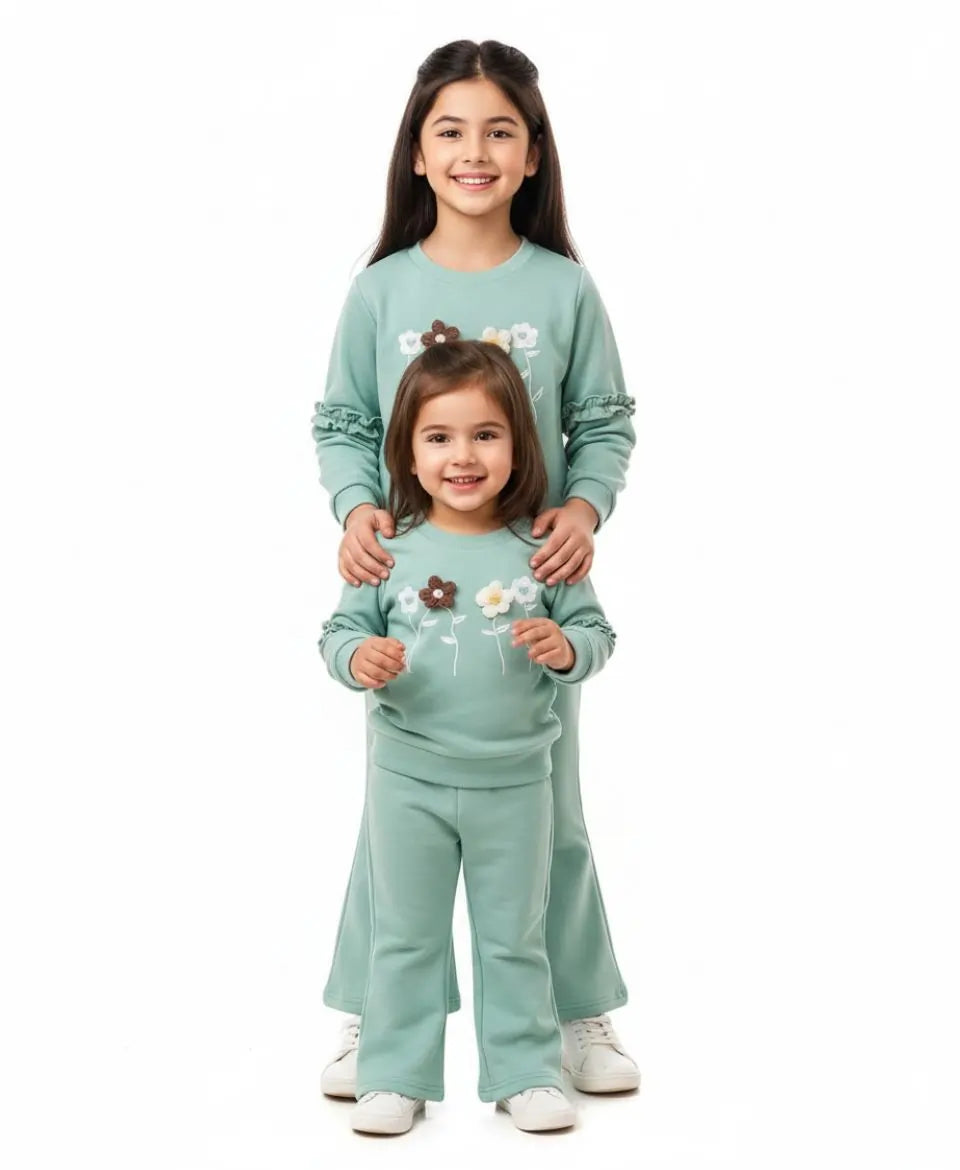 Girls Cotton Sweatshirt & Flared Pants Set – Floral Winter Outfit