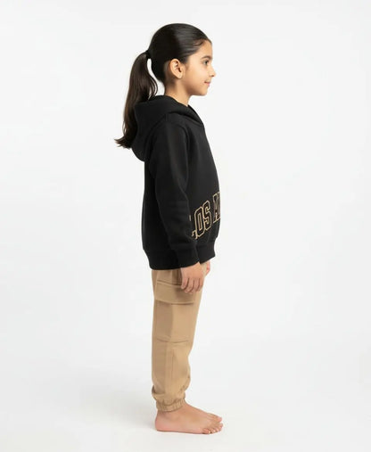 Unisex Kids Fleece Hoodie & Trouser Set – Black & Beige “Los Angeles” Outfit