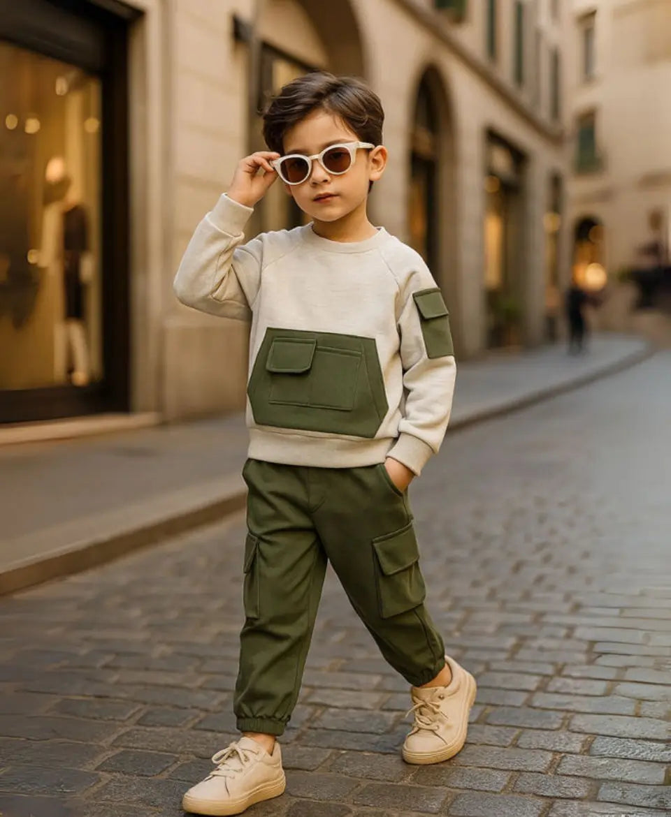 Kids Fleece Pocket Sweatshirt & Cargo Trouser Set – Winter Outfit