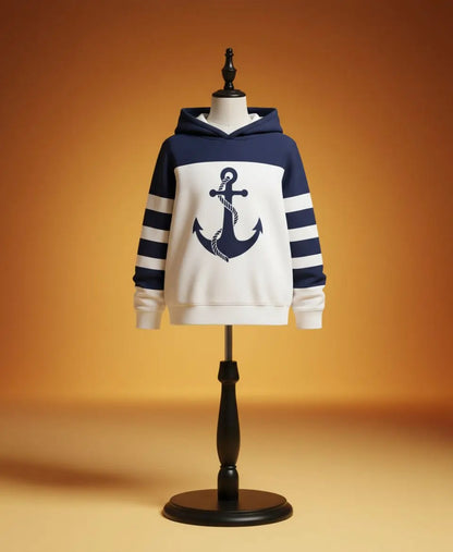 Unisex Cotton Anchor Print Hoodie – Cozy Navy & White Winter Wear