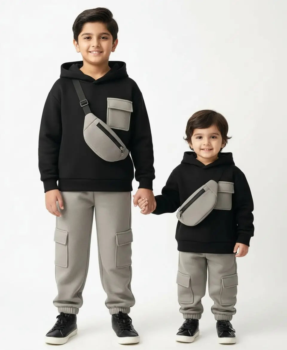 Unisex Kids Fleece Hoodie & Trouser Set – Black & Grey
