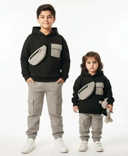 Unisex Kids Fleece Hoodie & Trouser Set – Black & Grey