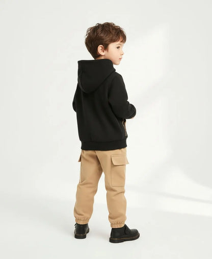 Unisex Kids Fleece Hoodie & Trouser Set – Black & Beige “Los Angeles” Outfit