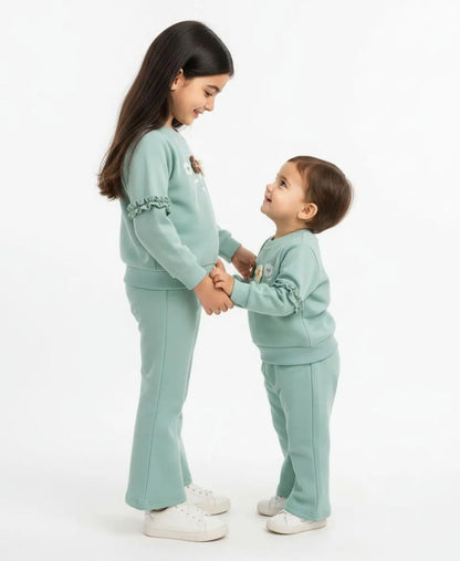 Girls Cotton Sweatshirt & Flared Pants Set – Floral Winter Outfit