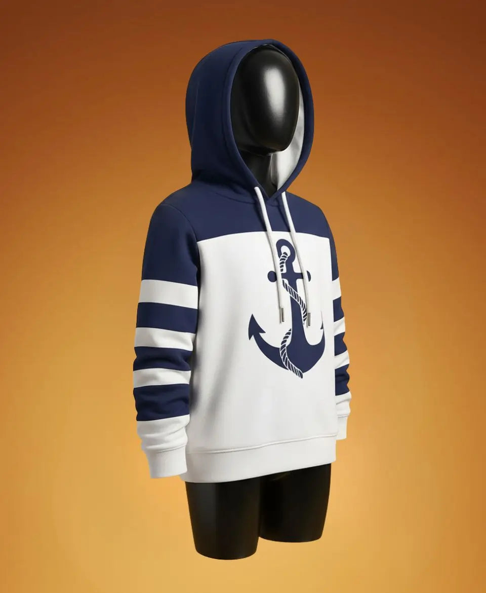 Unisex Cotton Anchor Print Hoodie – Cozy Navy & White Winter Wear