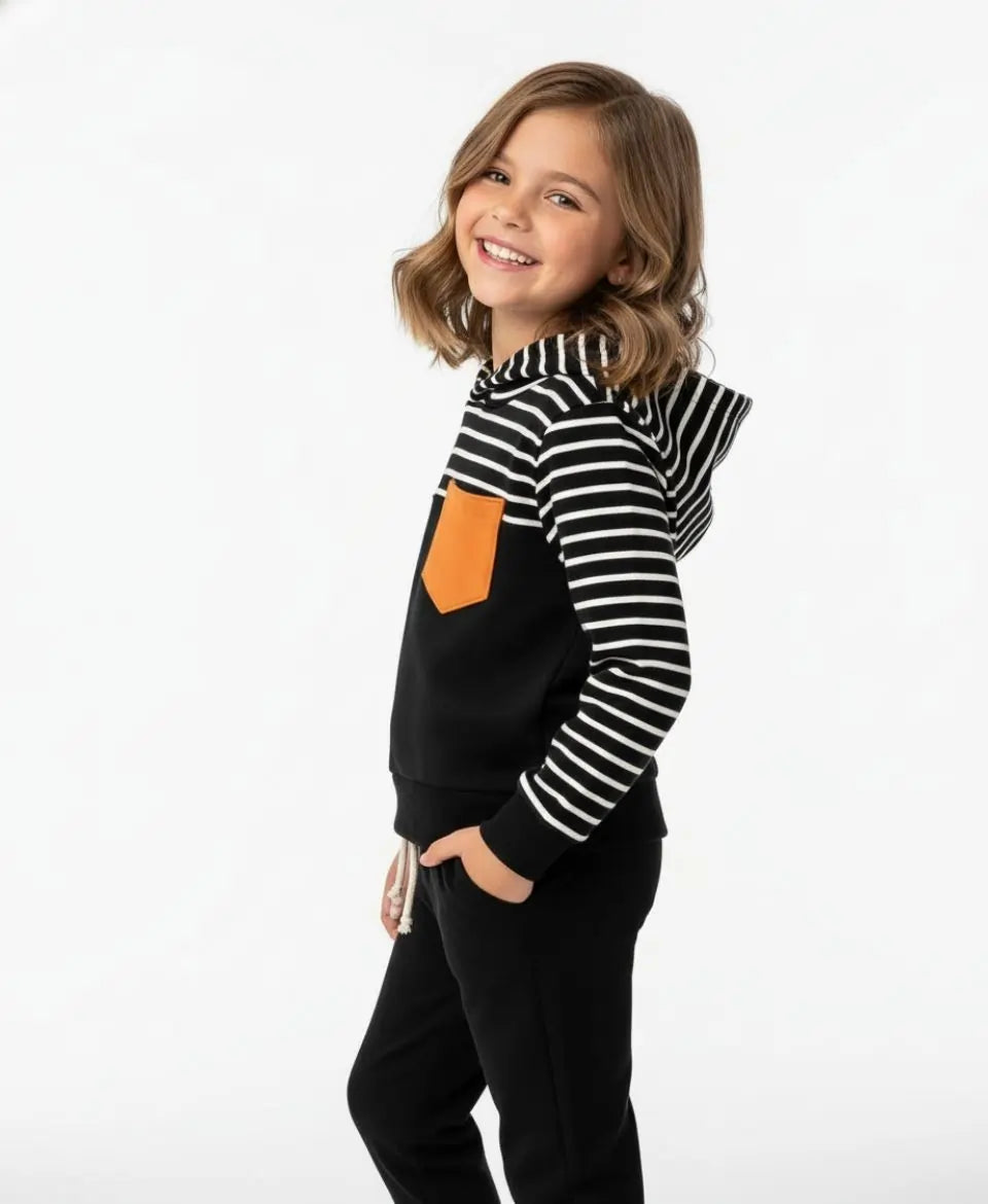 Unisex Cotton Hoodie & Trouser Set – Black Striped Winter Outfit