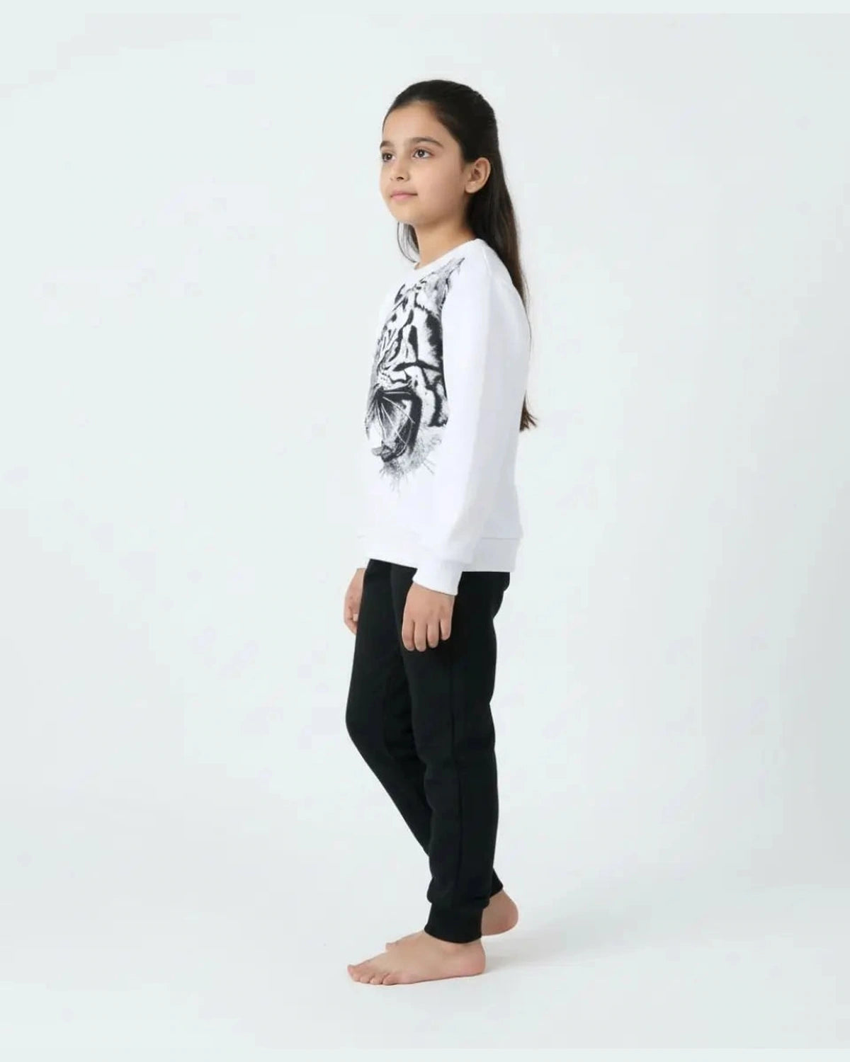 Unisex White Tiger Print Sweatshirt with Black Trouser Set