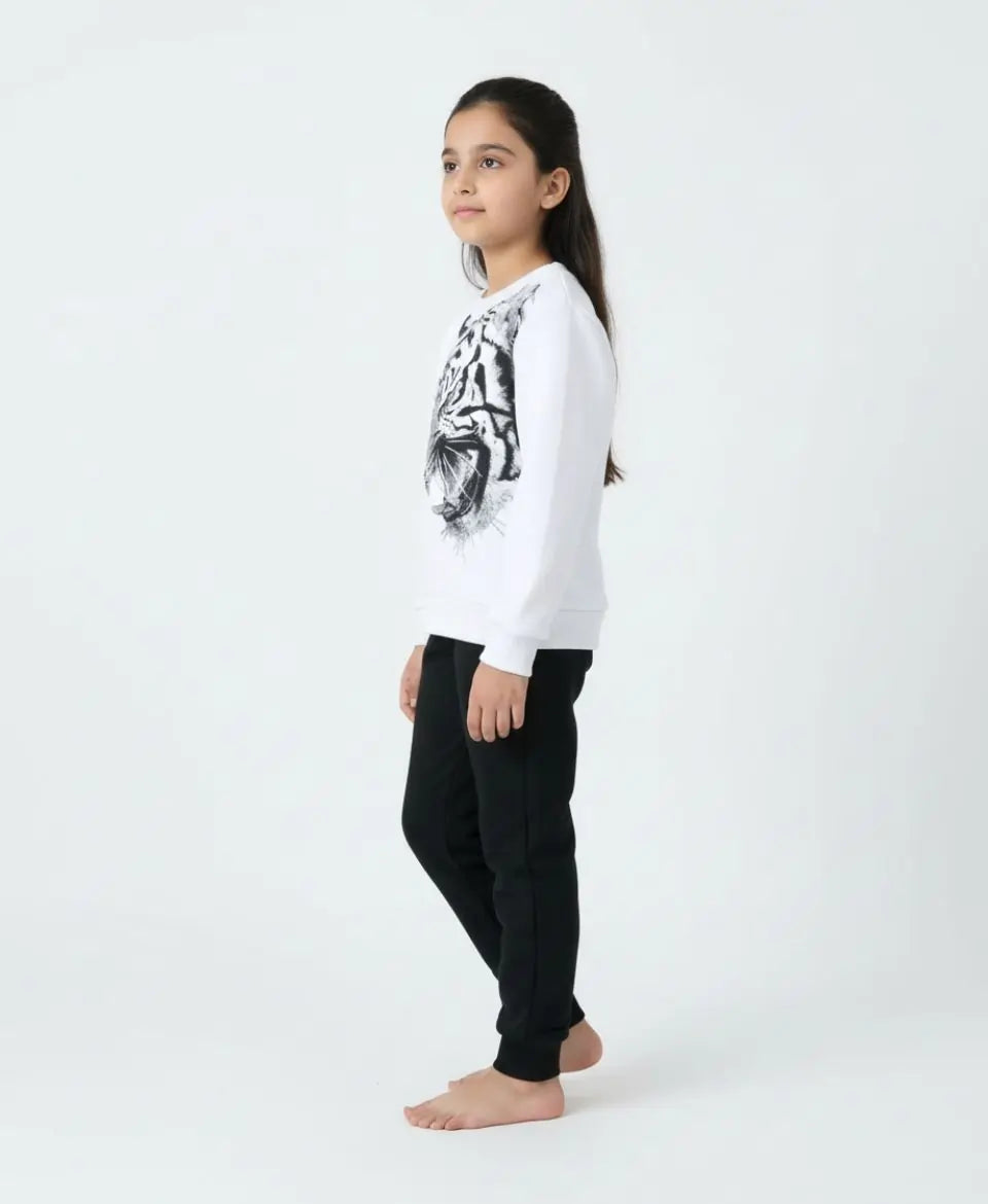 Unisex White Tiger Print Sweatshirt with Black Trouser Set