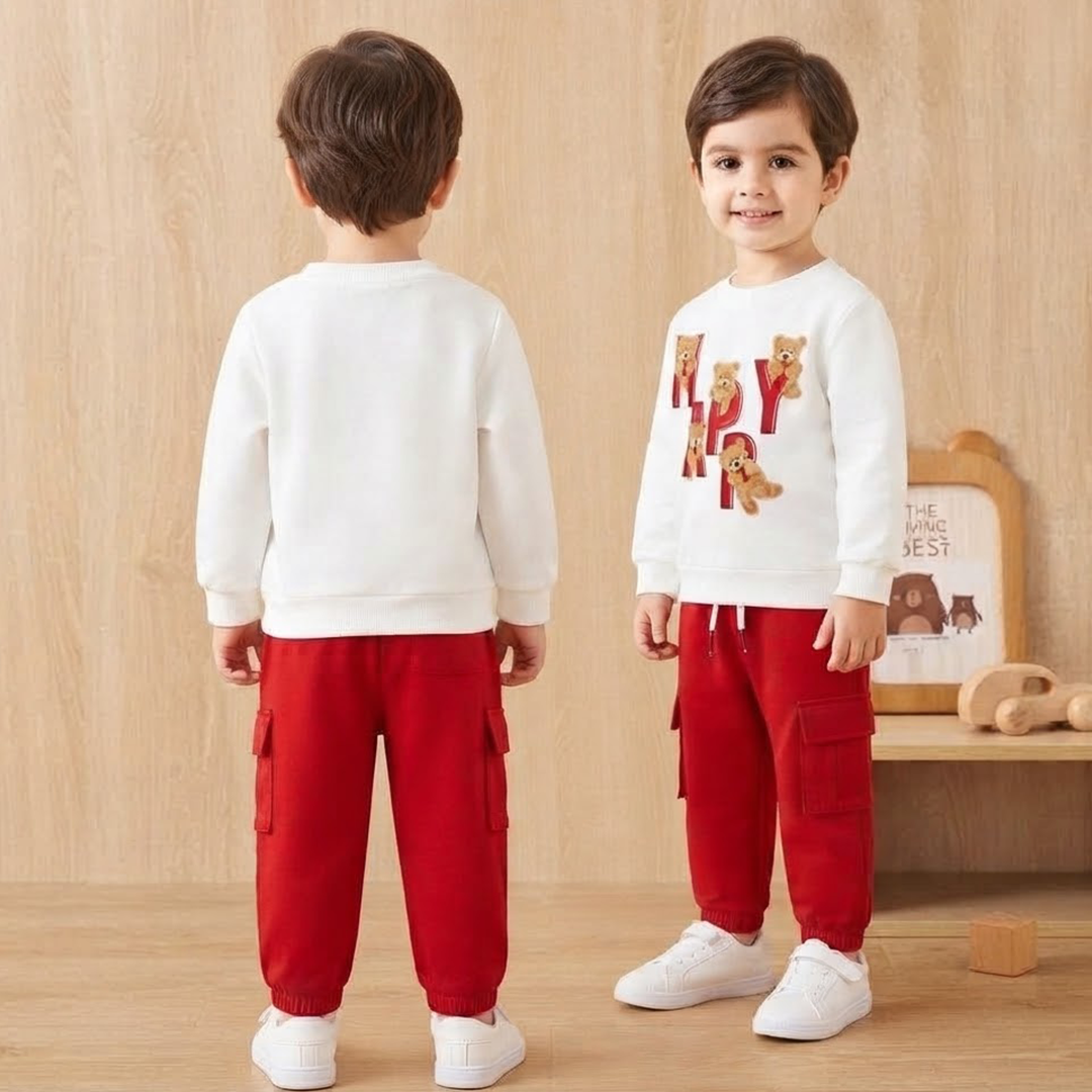 Kids' "HAPPY" Teddy Bear White Sweatshirt & Red Cargo Jogger Set