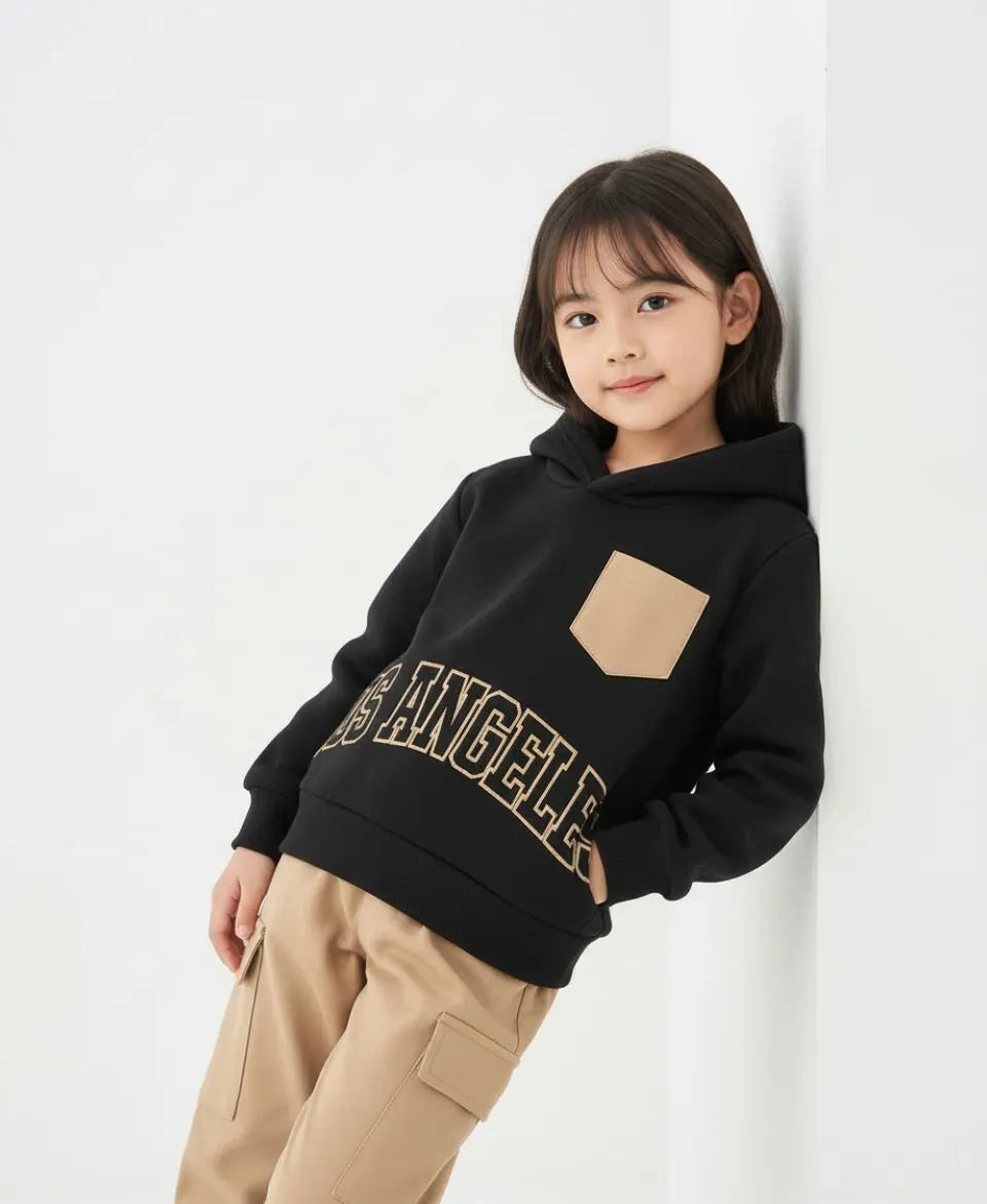 Unisex Kids Fleece Hoodie & Trouser Set – Black & Beige “Los Angeles” Outfit