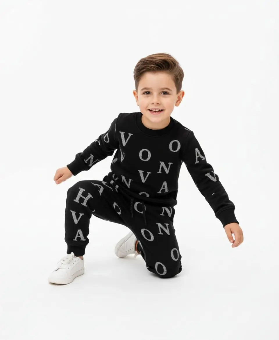 Unisex Fleece Sweatshirt & Trouser Set – Letter Print Winter Outfit