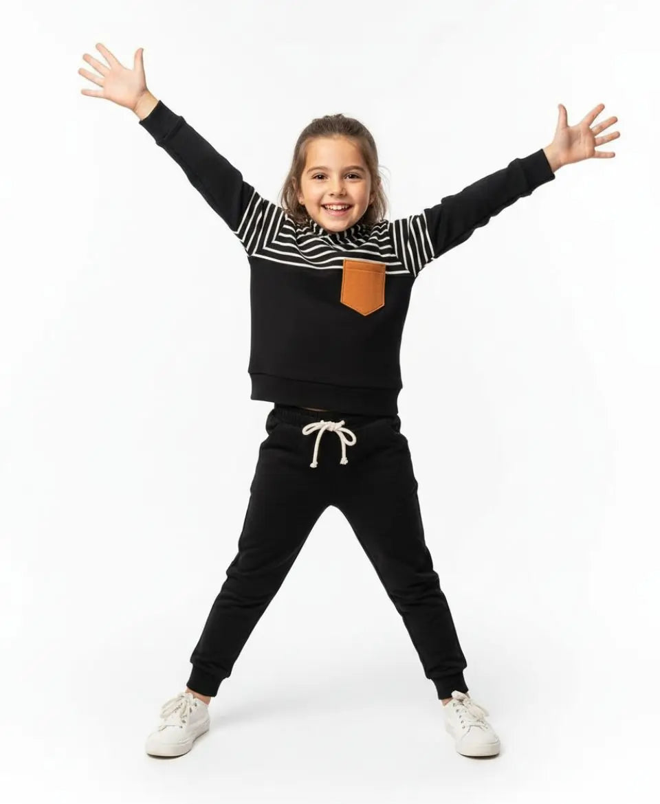 Unisex Cotton Hoodie & Trouser Set – Black Striped Winter Outfit