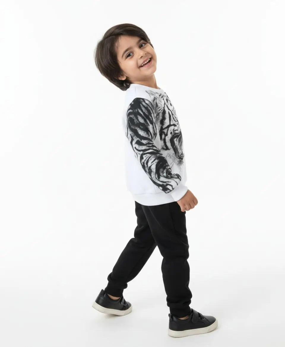 Unisex White Tiger Print Sweatshirt with Black Trouser Set