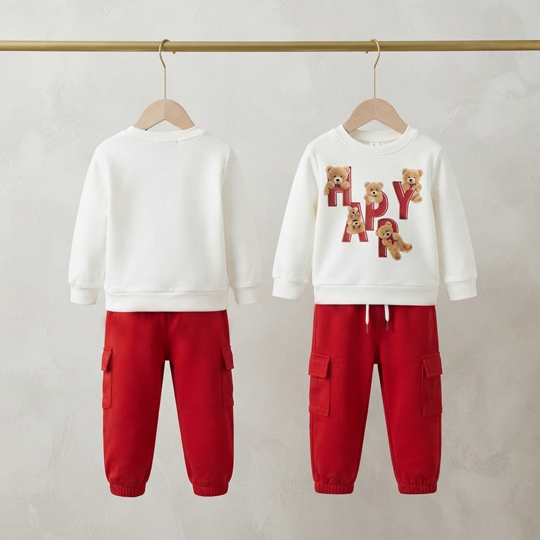 Kids' "HAPPY" Teddy Bear White Sweatshirt & Red Cargo Jogger Set