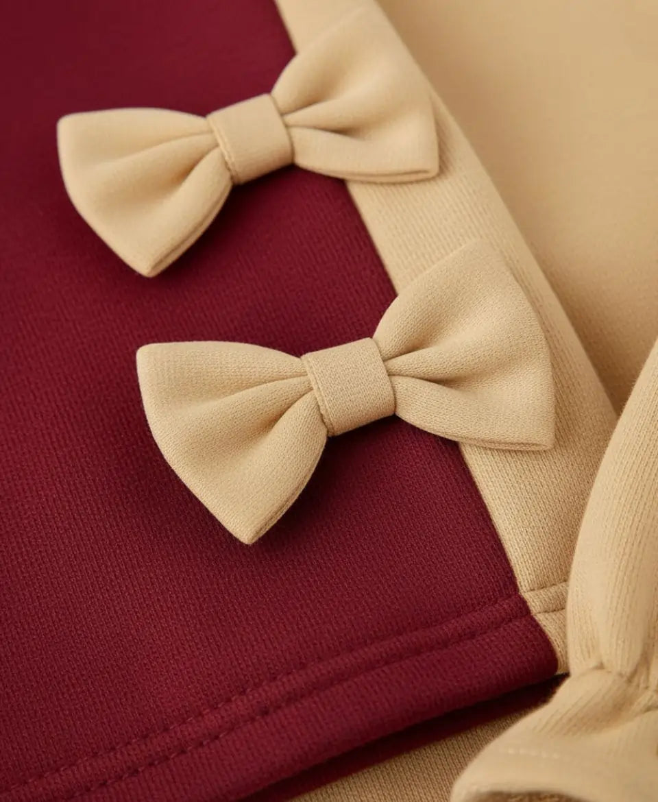 Girls Fleece Sweatshirt & Pants Set – Maroon Beige Bow Outfit